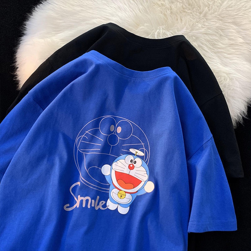 Áo Thun 100% cotton Tay Ngắn Dáng Rộng In Hình Doraemon Thời Trang Mùa Hè Cho Nam Và Nữ