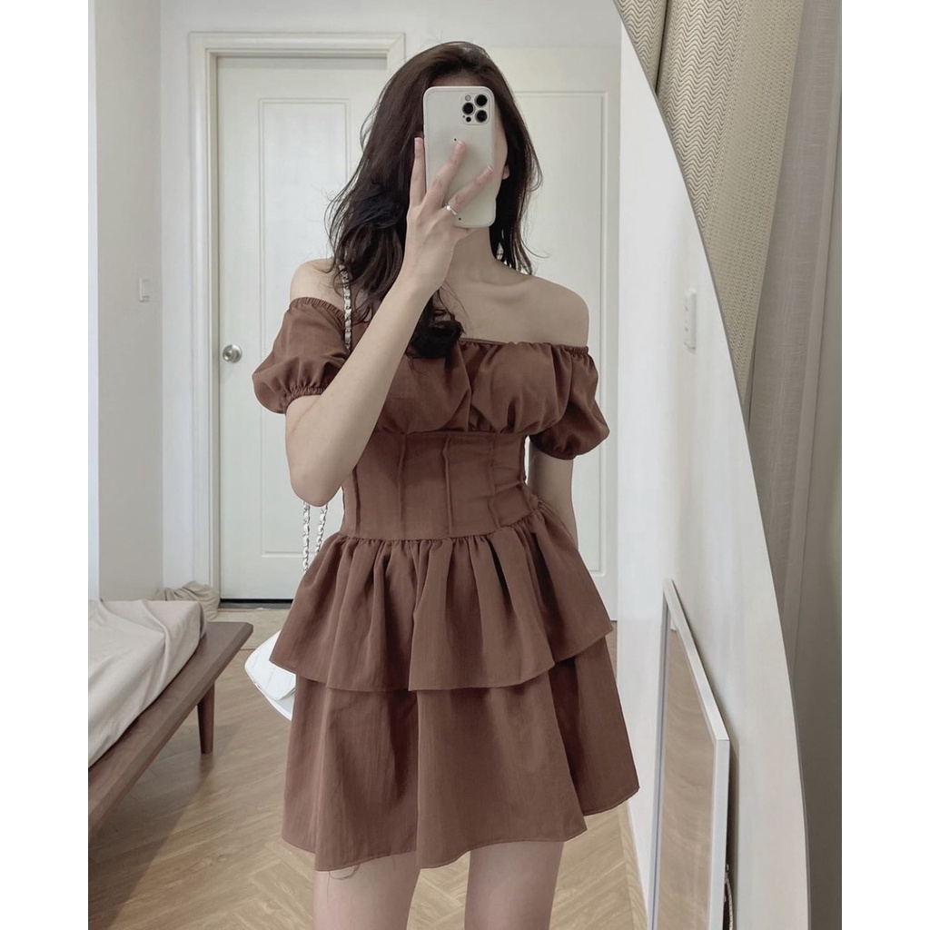 Jumsuit trễ vai tay phồng chít eo hai màu vintage LOVI