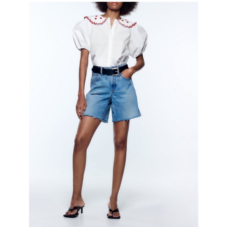 Zara Áo Sơ Mi Trắng Tay Phồng Thêu Họa Tiết Thời Trang Mùa Hè Cho Nữ 0881425Áo blouse