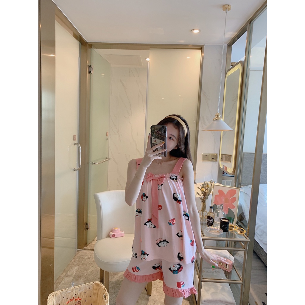 Đồ bộ ngủ bầu 2 DÂY IN HÌNH NGỘ NGHĨNH chất cotton siêu mịn mát BC11