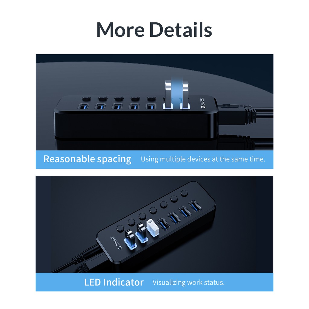 HUB USB 3.0 Orico SWU3-7A 7 Cổng + 1 cổng sạc + công tắc Bật/Tắt riêng (Có adapter rời)