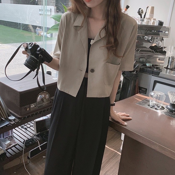 Áo khoác blazer SUXI tay ngắn màu trơn phong cách vintage Hàn Quốc