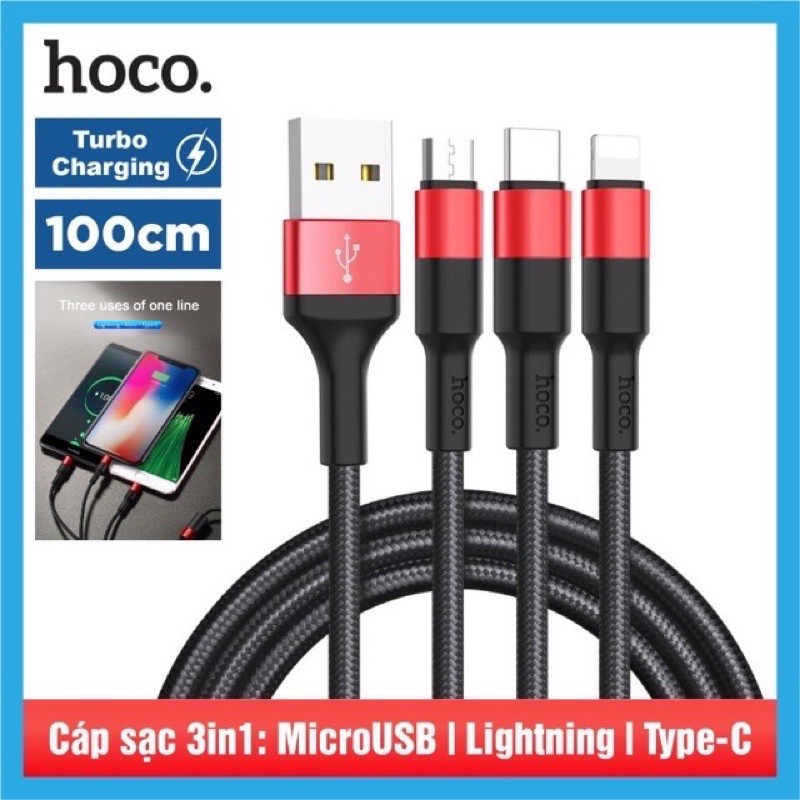 ✔CHÍNH HÃNG✔Dây cáp sạc HoCo X26 đa năng 3in1-3 đầu USB-Lightning-MiCRO-Type C cho IPhone/Samsung/Oppo/Huawei-Android