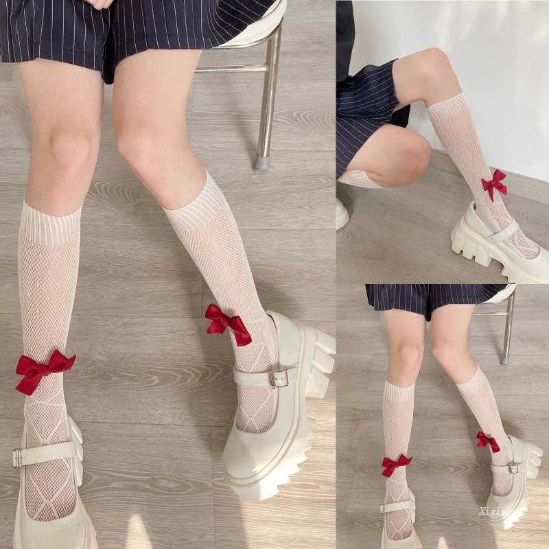 Xixi Tất Lưới Dài Tới Bắp Chân Họa Tiết Chấm Bi Thắt Nơ Phong Cách Preppy Nhật Bản Ngọt Ngào Cho Nữ