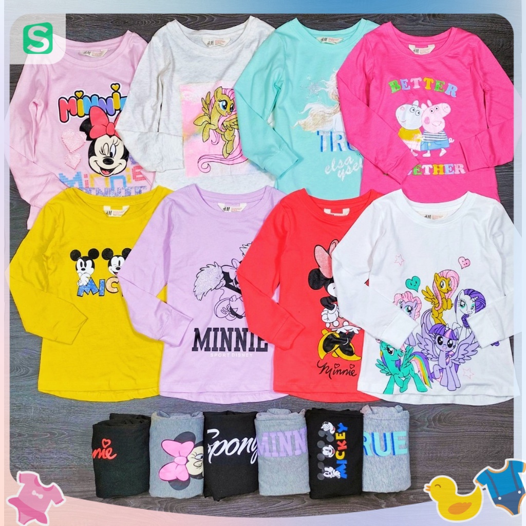 Bộ dài tay thun cotton bé gái 4-14T họa tiết Minie Elsa Peppa Pony đáng yêu