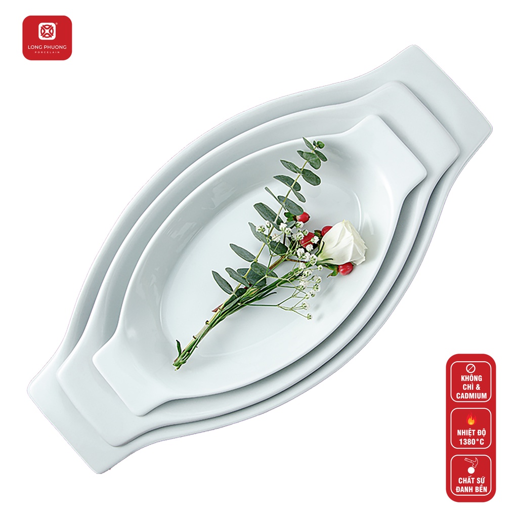 Đĩa thuyền sứ Long Phương - Hình bầu dục có tay cầm dài 30cm đến 40cm