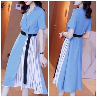 Đầm midi váy công sở xanh phối sọc v3 (kèm hình thật)