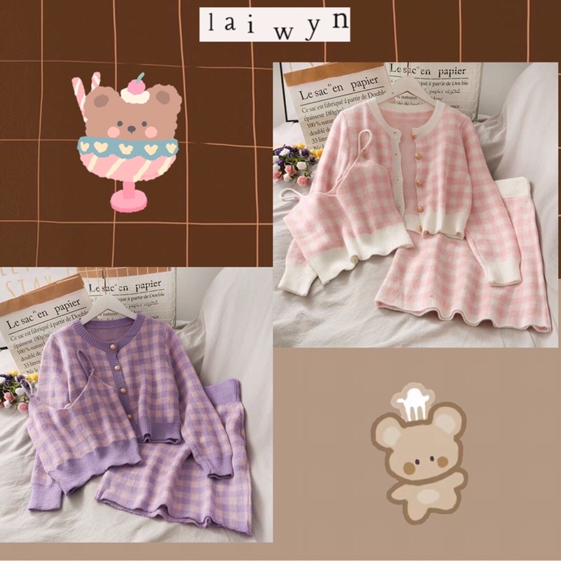 Set chân váy, áo khoác cardigan và áo hai dây len caro Tím