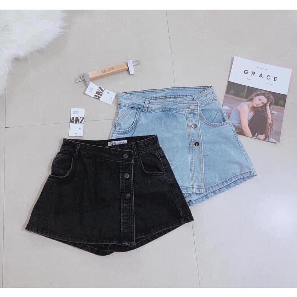 Quần Váy Jeans Nữ Lệch Vạt Quần Short Nữ Cạp Cao Trơn 2 Màu siêu xinh