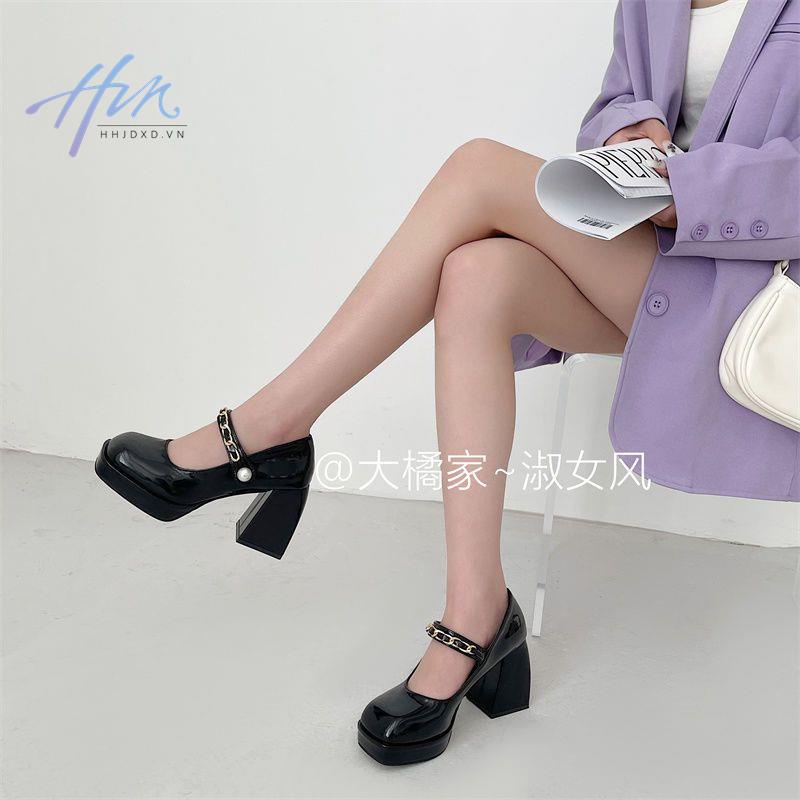 Giày Cao Gót Mũi Vuông Đế Dày Màu Tím Phong Cách Retro Pháp Thời Trang Mùa Xuân 2022 Mới Cho Nữ
