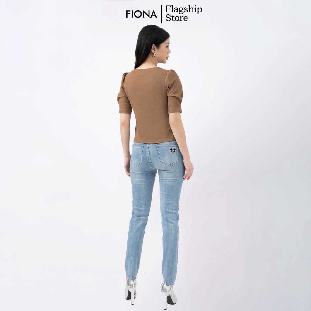 Áo cotton nữ croptop, áo thun nữ cổ tròn tay ngắn đính trang trí ngực FIONA F521248