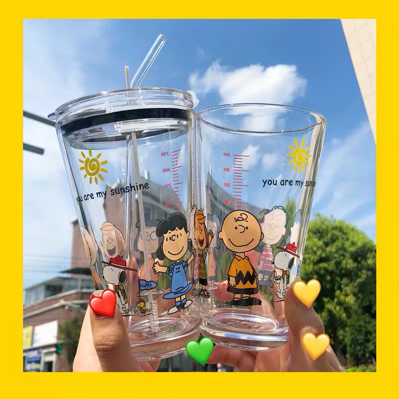 (24h delivery) W&amp;G Han Feng Ins lovely Ruby Cartoon Charlie glass milk glass juice heat resistant high temperature graduated water glass boiling water