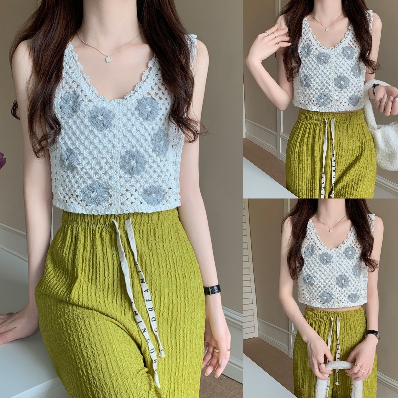 Áo Croptop Dệt Kim Không Tay Cổ Chữ V Thêu Hoa Khoét Rỗng Kiểu Hàn Quốc Cho Bạn Gái