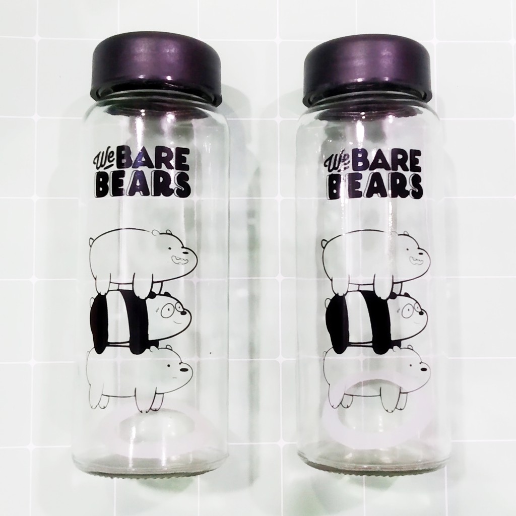 Bình nước thủy tinh bọc nhựa pastel BN31 ba anh em gấu bare bear bình nước hoạt hình thuỷ tinh 500ml