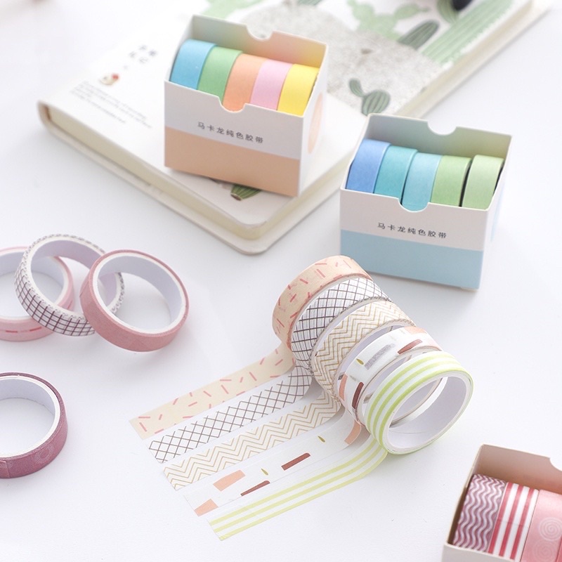 Bộ 5 Cuộn Băng Keo Washi Tape Pastel Nhiều Màu Sắc Đa Dạng Cute Trang Trí Sổ