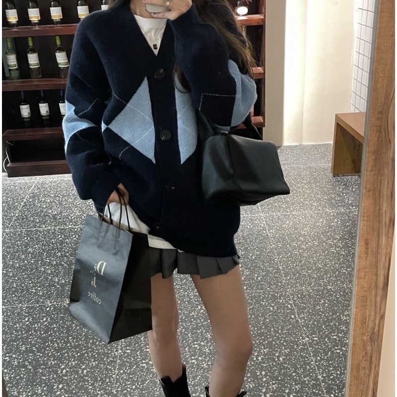Áo khoác cardigan len nữ Quảng châu họa tiết hình thoi kim cương trám caro phong cách hàn quốc vintage ulzzang - CLG05