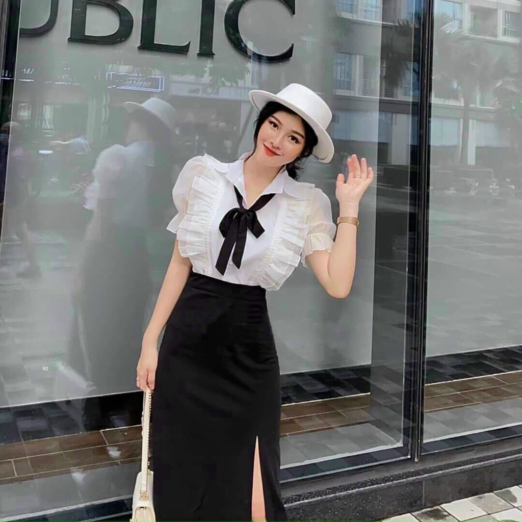[Hot] Sét Áo Viền Bèo + chân Váy Chẻ Tà