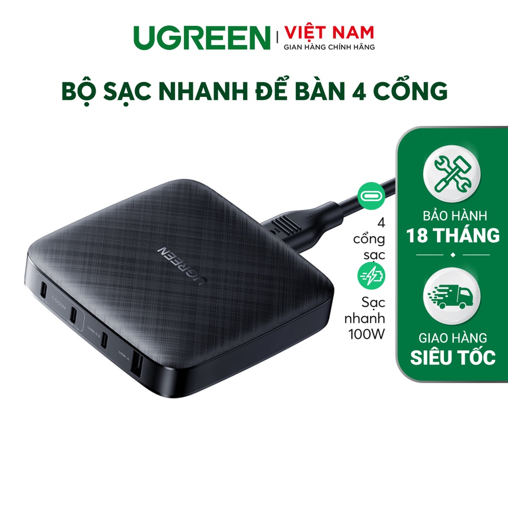 Bộ sạc nhanh 100W để bàn UGREEN 70869 Chuẩn sạc nhanh PD, QC 3.0 - Sạc được cho laptop - Hàng phân phối chính hãng