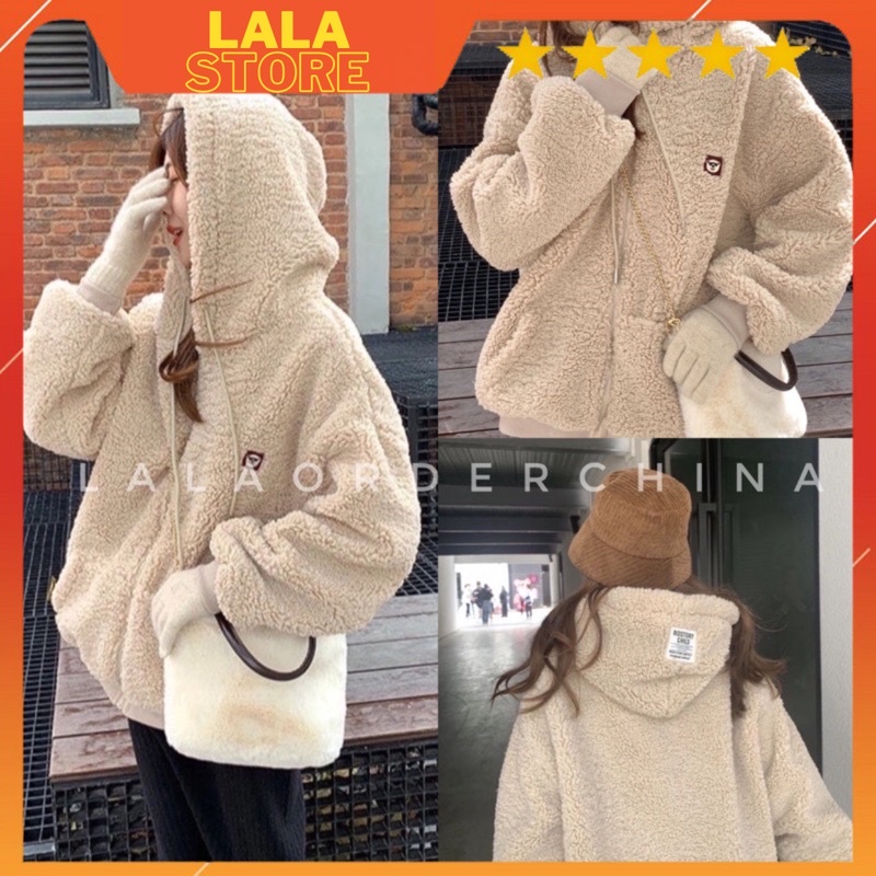 (có ảnh thật) áo khoác lông cừu xù dáng rộng có mũ dành cho nữ mùa đông