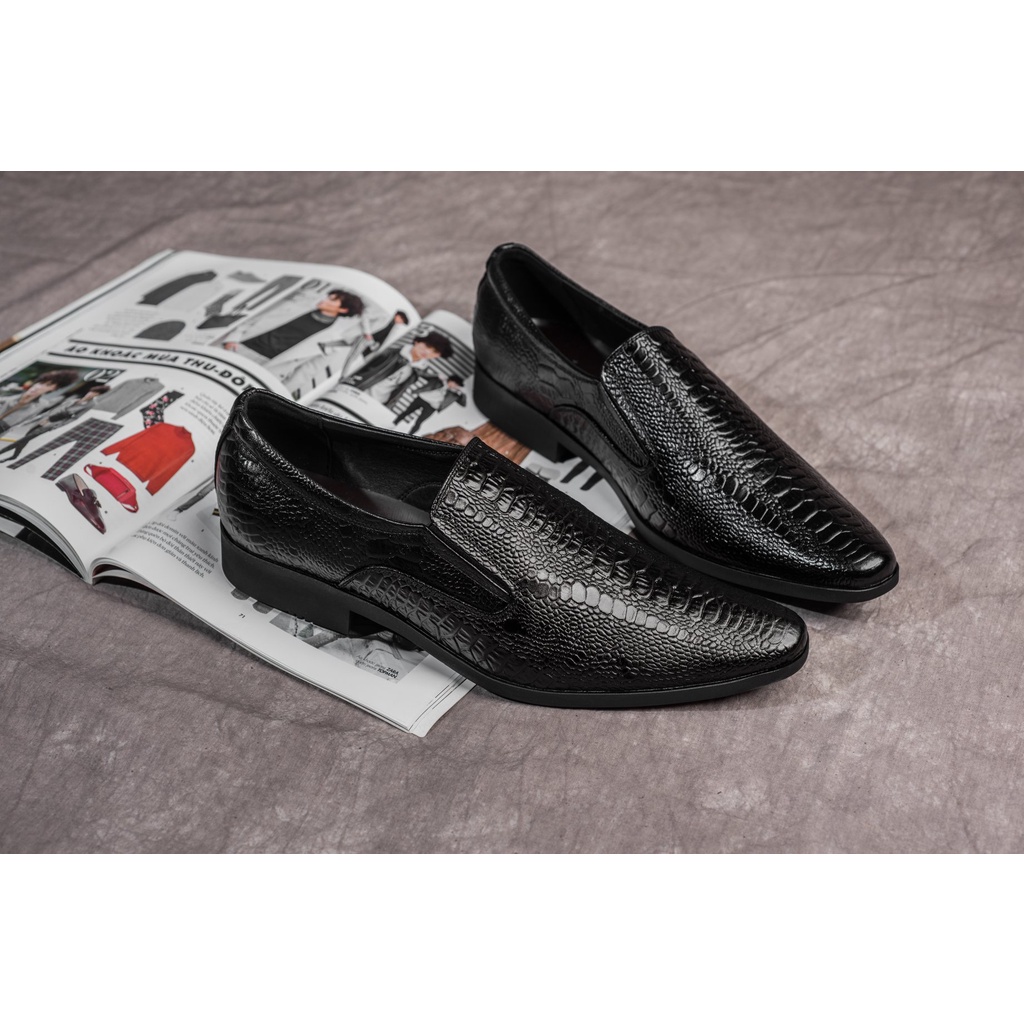 Giày lười da bò, giày tăng chiều cao 7 cm dập vân