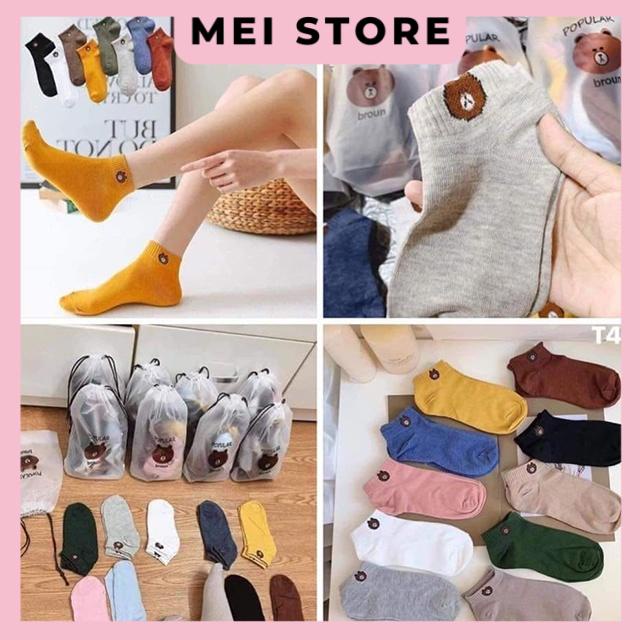 Combo 10 Đôi Tất Nữ Cổ Ngắn Hình Gấu Kute Tặng Kèm Túi Rút Dễ Thương
