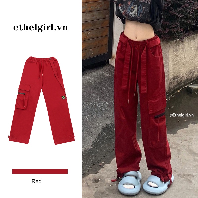 Ethelgirl Quần Dài Lưng Cao Màu Đỏ Phong Cách Đường Phố Mỹ Thời Trang Cho Nữ