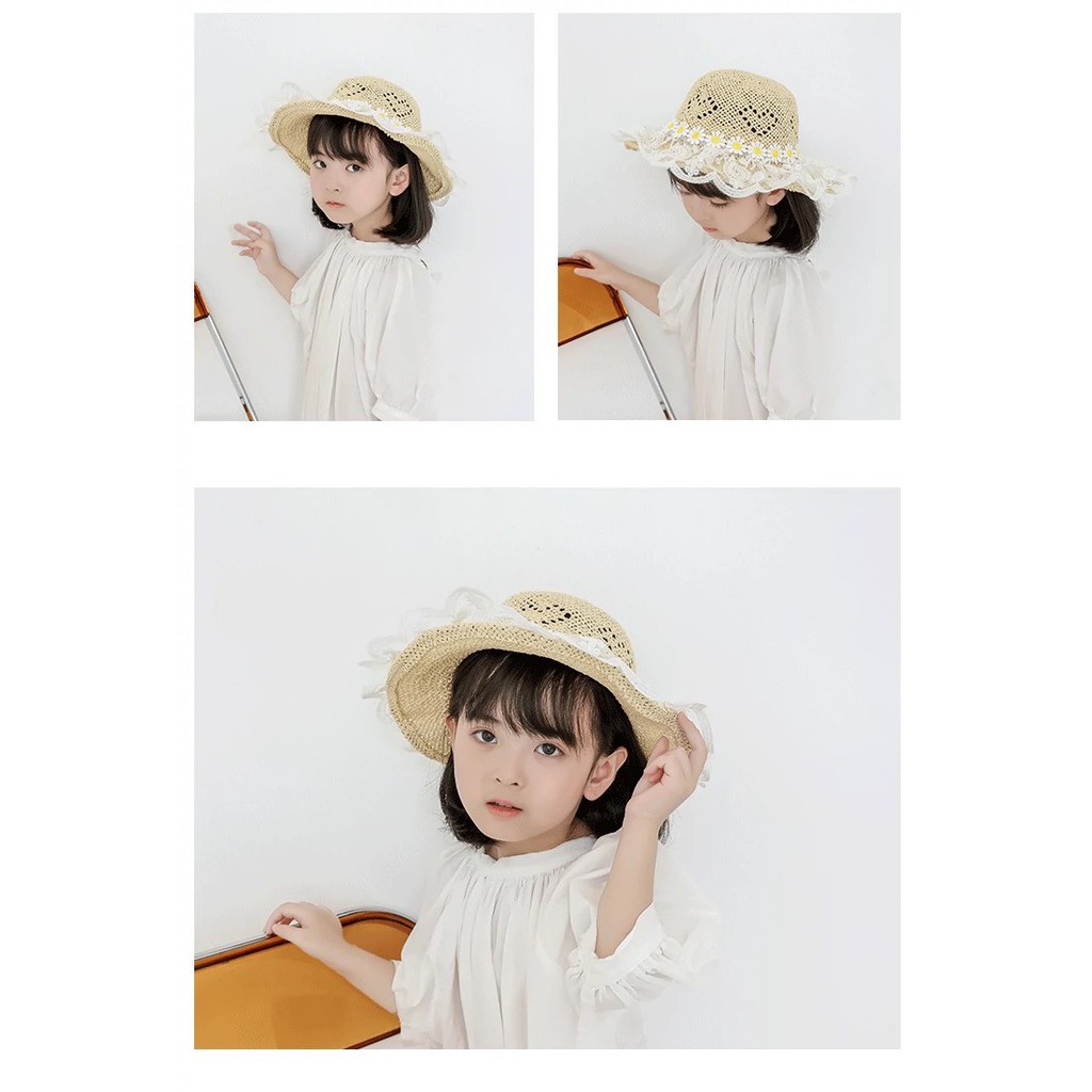 Mũ  Cói Ren Chống Nắng Phong Cách Công Chúa Hàn Quốc Cho Bé Gái (241)