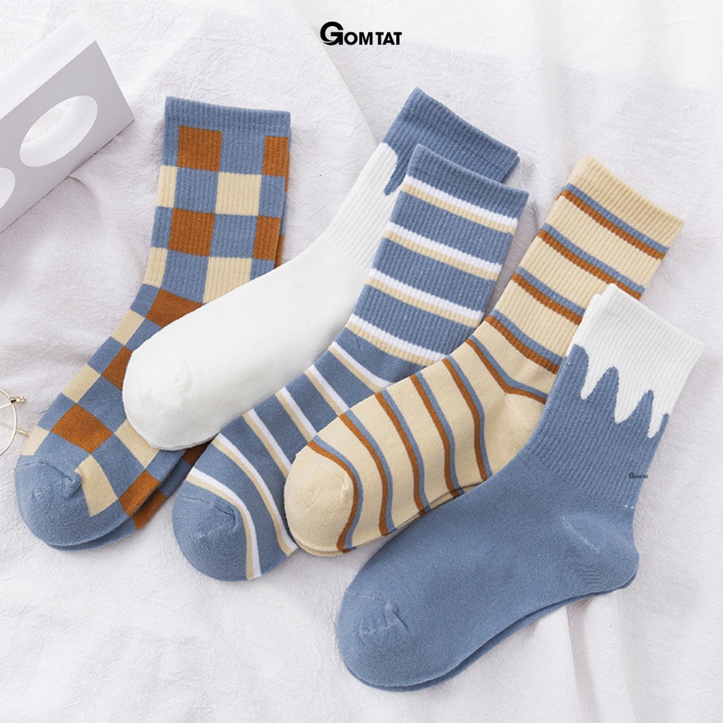 Set 5 đôi tất cổ cao nữ thời trang, vớ nữ cổ cao chất liệu cotton kháng khuẩn thông thoáng, hút ẩm thoáng khí -CBCC80