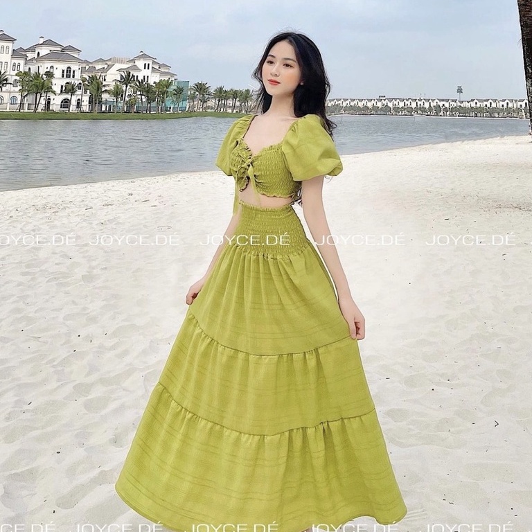 SET CROP XANH BOCHUN RÚT DÂY NGỰC + CHÂN VÁY MIDI