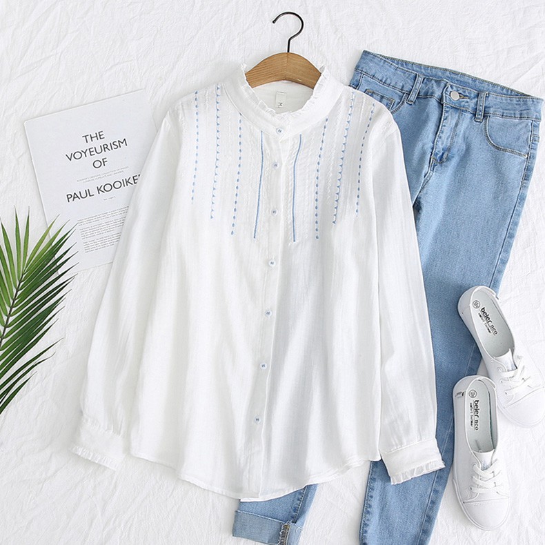 Áo somi cổ trụ ,cotton bông 100% thêu sắc nét tắng tinh khiêt
