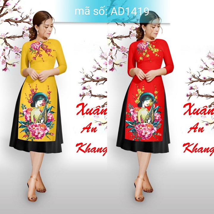 Có size XXL Áo Dài Cách Tân cổ tròn in họa tiết cô tấm hoa xuân kèm váy