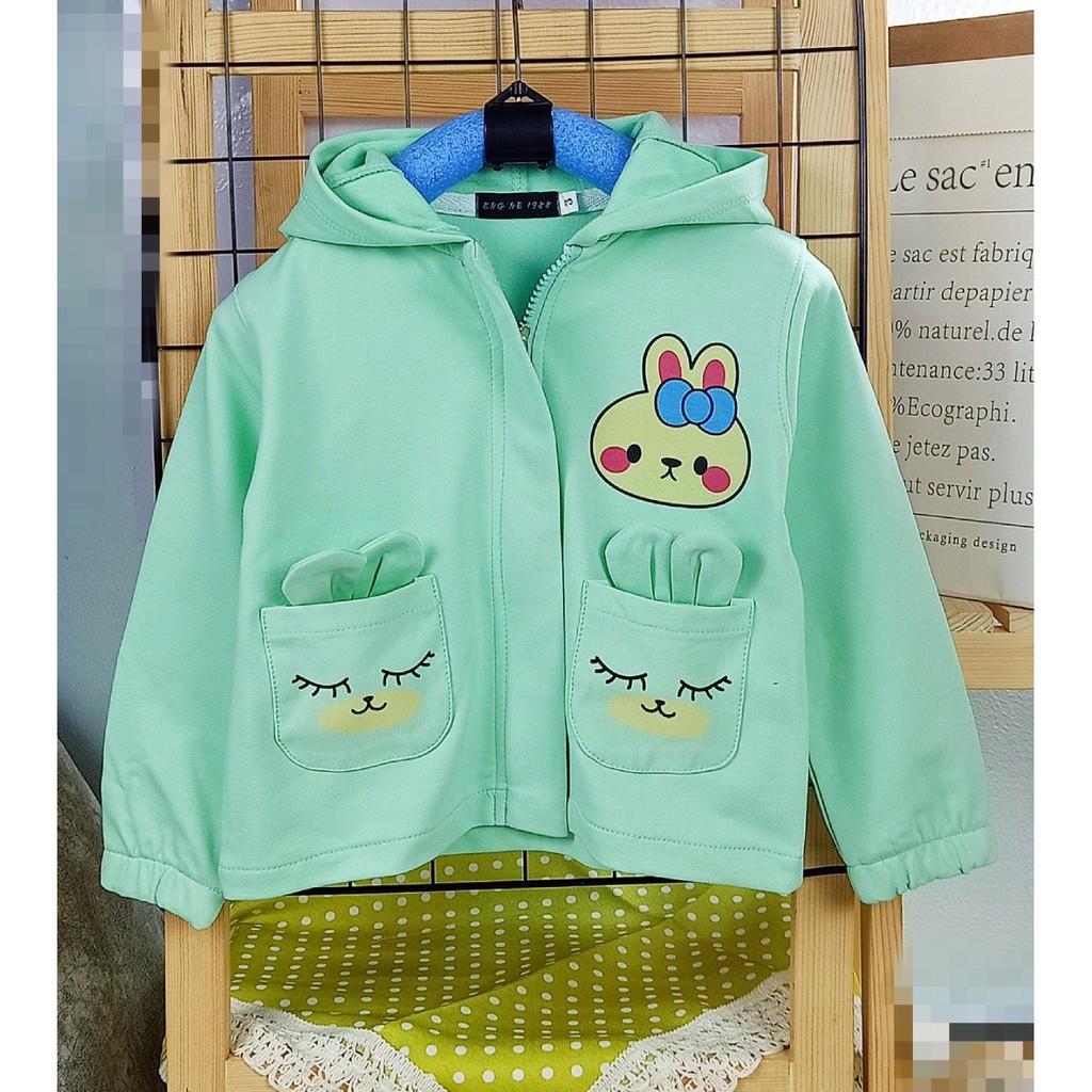 Áo khoác bé gái nỉ mõng tai thỏ sz 10-36kg