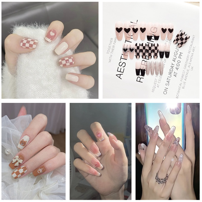 Bộ 24 Móng Tay Giả Họa Tiết Gấu Và Nơ Có Thể Tháo Rời Thời Trang