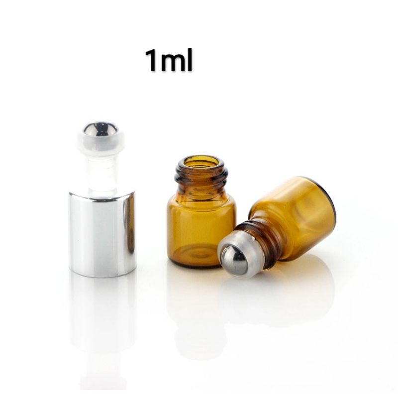 Set 5 lọ Chai thủy tinh nâu 1ml bi lăn thép Nắp bạc bống dùng chiết nước hoa đựng tinh dầu mini tiện dụng bỏ túi ví bóp