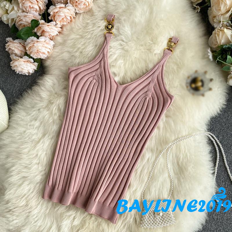Bay-Women´s Tank Tops Rib Knit V-Neck Metal Chain Sling Design Slim Fit Breathable Versatile Streetwear Tops