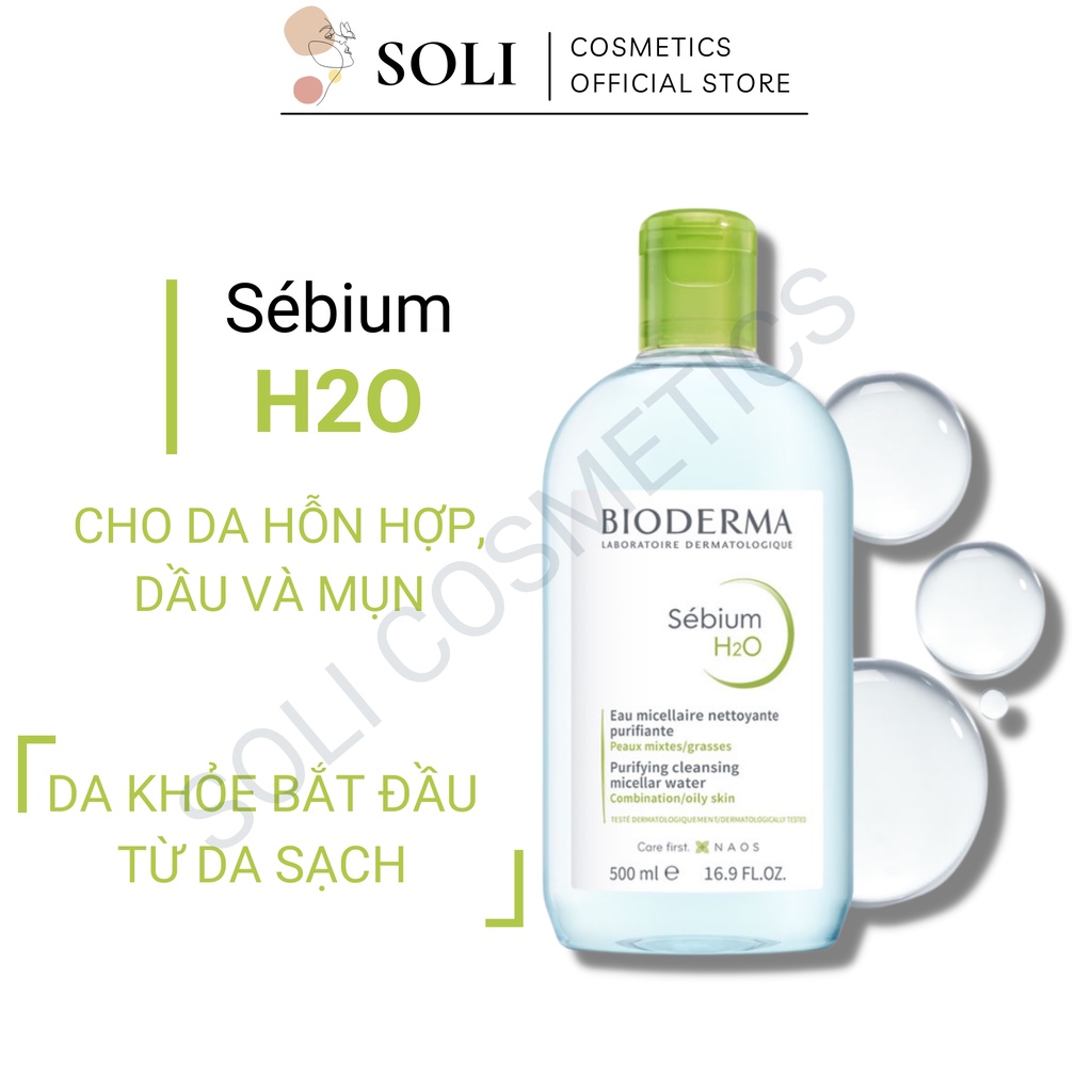Nước tẩy trang Bioderma, nước tẩy trang cho da mụn, nước tẩy trang không cồn 500ml