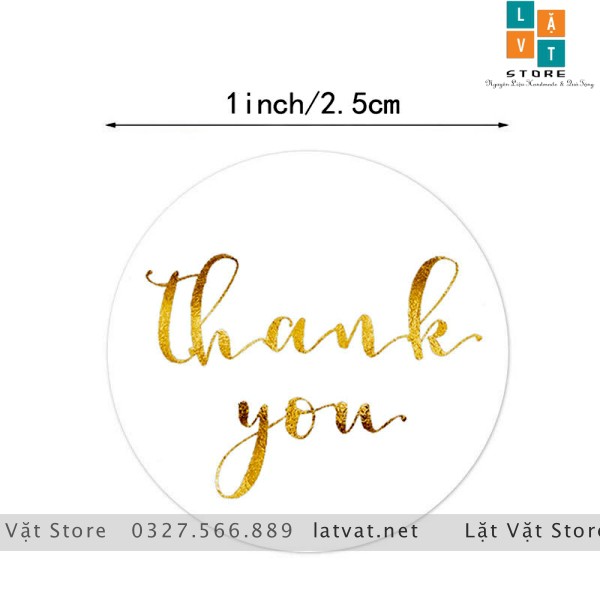 Cuộn 500 tem Decal Cảm ơn khách hàng loại nhũ vàng nền trắng - tem thank you dễ thương