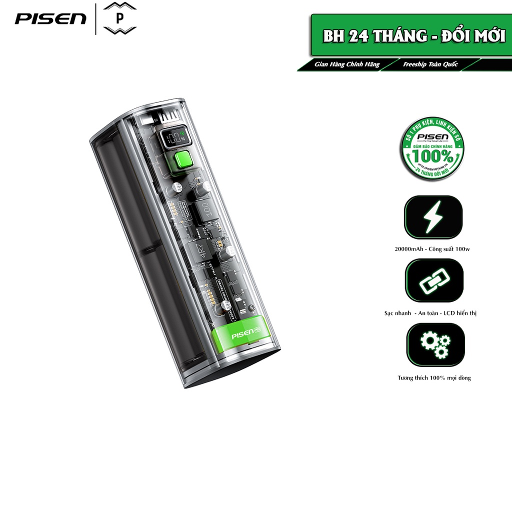 Sạc dự phòng PISEN PRO Robo Powerlap 100W 20000mAh Transparent, vỏ ngoài trong suốt,sử dụng cho Laptop/Macbook/Tablets..