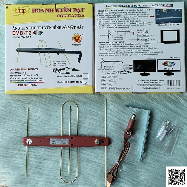 Bộ anten mini khuếch đại DVB-T2 thu truyền hình số mặt đất Hoành Kiến Đạt tặng cuộn cáp và dây cáp nguồn