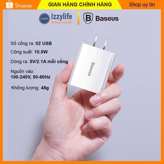 Cục sạc Iphone chính hãng Baseus M02, 02 cổng ra, 10.5W Max 5V/2.1A điều chỉnh dòng thông mình theo thiết bị sạc