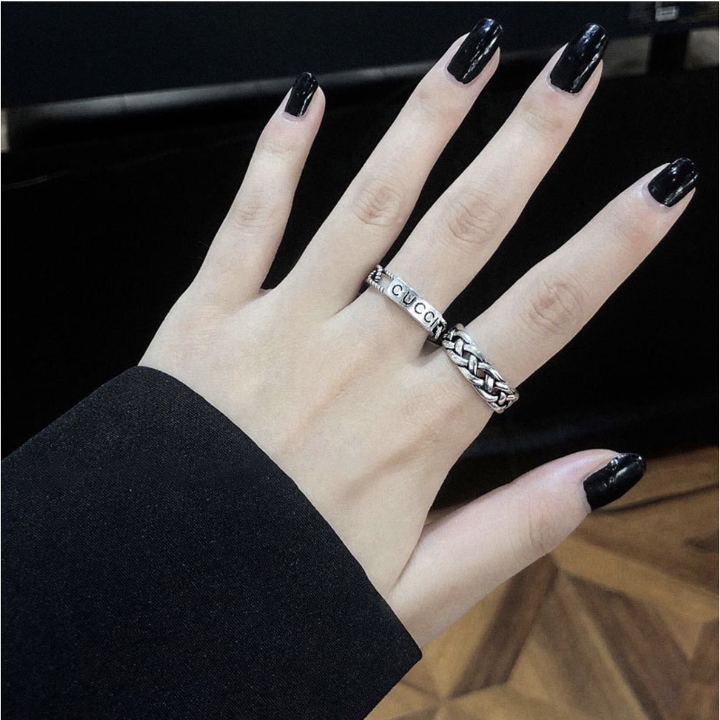 Nhẫn nữ hở bạc trơn khắc chữ và nhẫn Cucci phong cách Hàn Quốc cá tính Boho Cucci