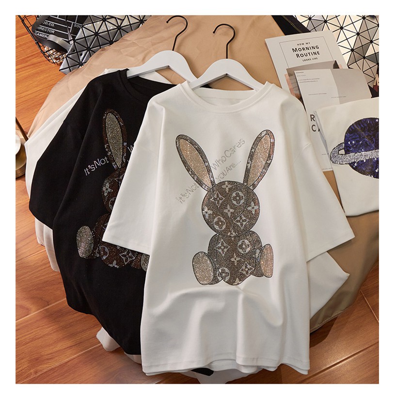 Áo thun tay lỡ nữ phông form rộng freesize dáng Unisex Đính Đá Hình Con Thỏ