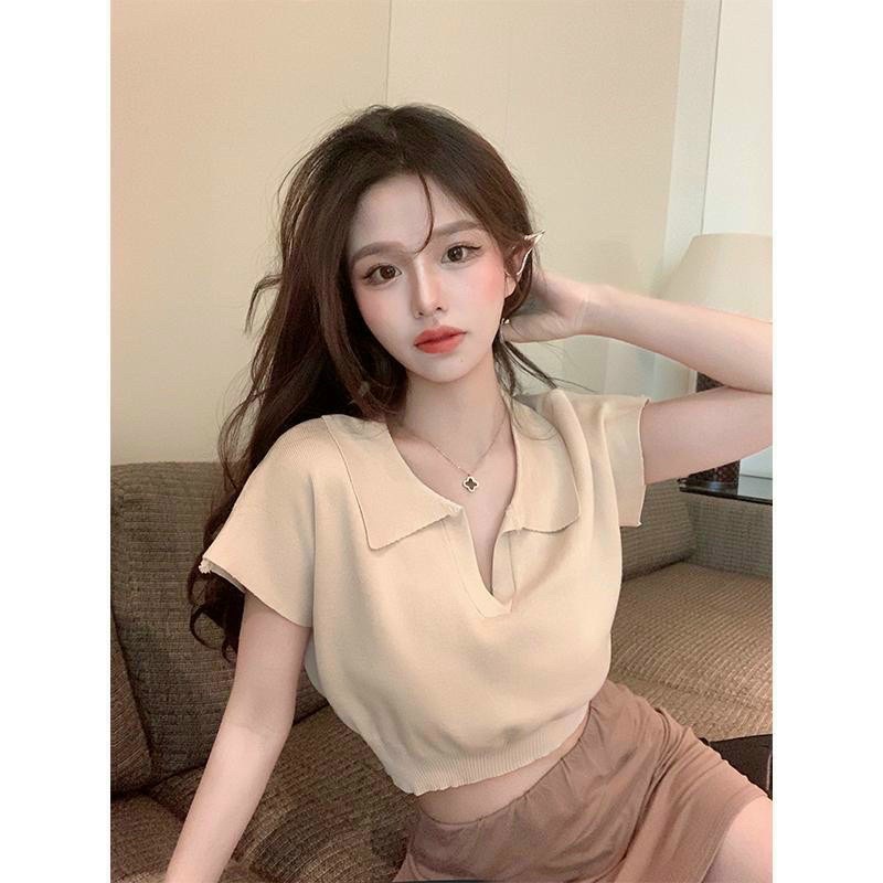 Áo len croptop cổ bẻ tay hến chất đẹp