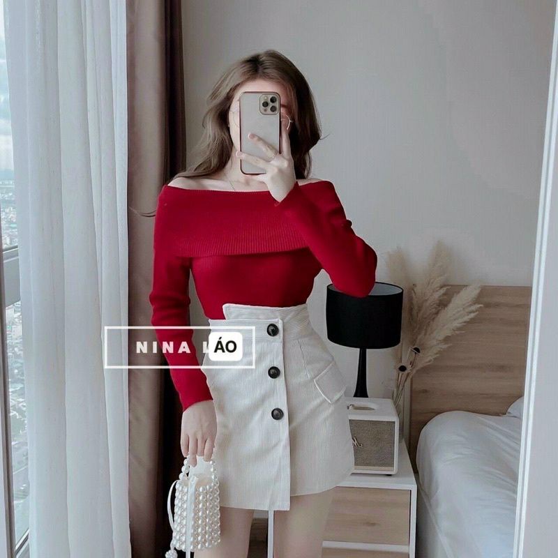Set áo bẹt vai kèm chân váy lệch nút lưng cao cực xinh - BB