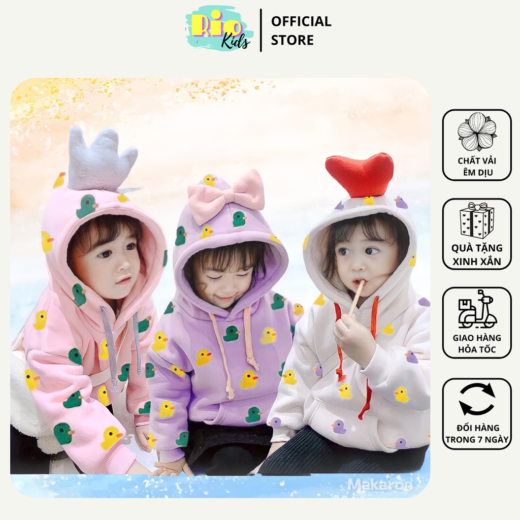 Áo Hoodie cổ chui có nón bông nỉ ấm áp cho bé gái từ 8 đến 18kg mặc Thu Đông đi học đi chơi - Riokids AL1