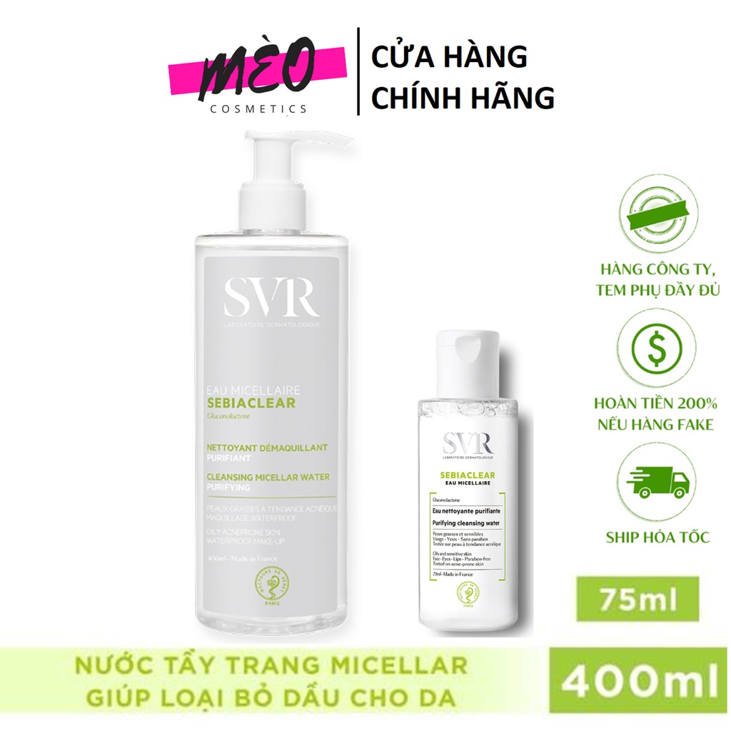 Nước Tẩy Trang SVR SEBIACLEAR Eau Micellaire 75ml - 400ml - Nước Làm Sạch và Giúp Loại Bỏ Dầu Cho Da Mụn