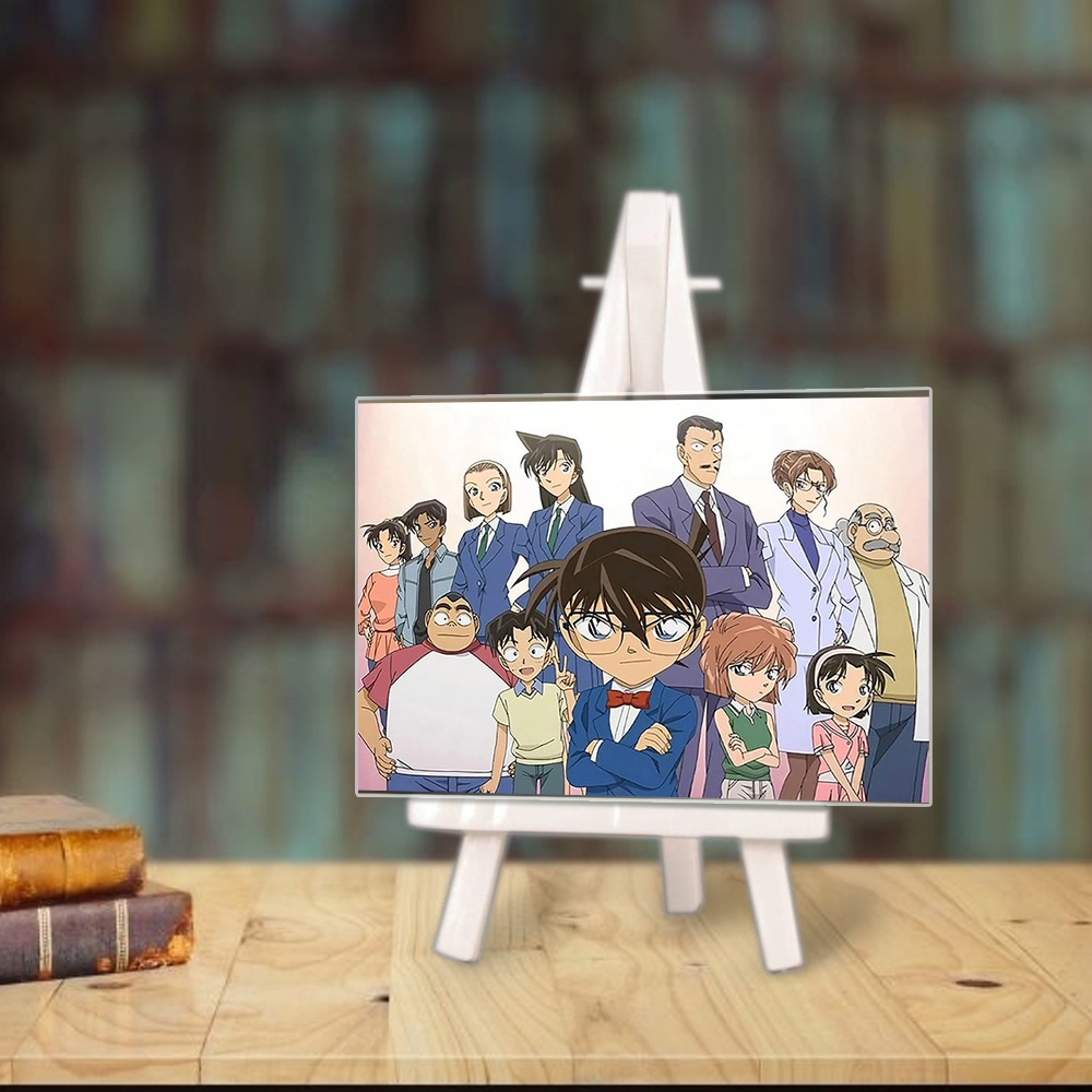 Tranh kính DECTECTIVE CONAN Thám Tử Lừng Danh anime chibi acrylic mica trong trưng bày trang trí góc học tập giá gỗ