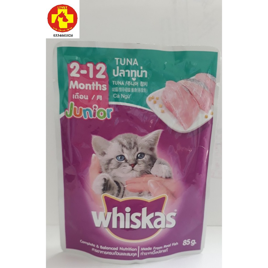 Pate Whiskas Junior Tuna 85g cho mèo con vị cá ngừ - giải pháp chống khát nước cho mùa hè