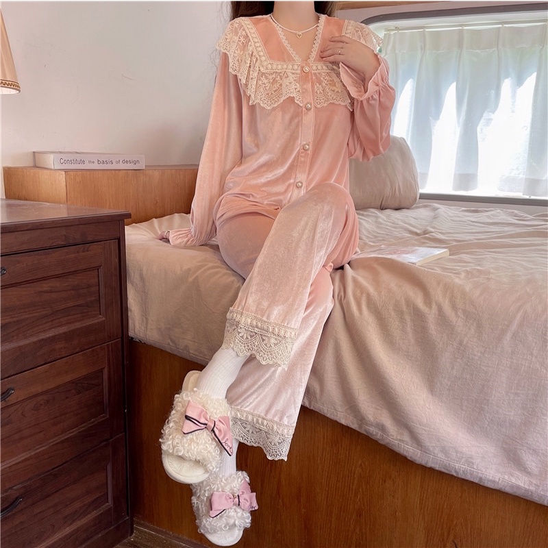 New BTS 2022 BỘ ĐỒ TIỂU THƯ ULZZANG NHUNG PHỐI REN DÀI TAY CAO CẤP rẻ nhất shopee