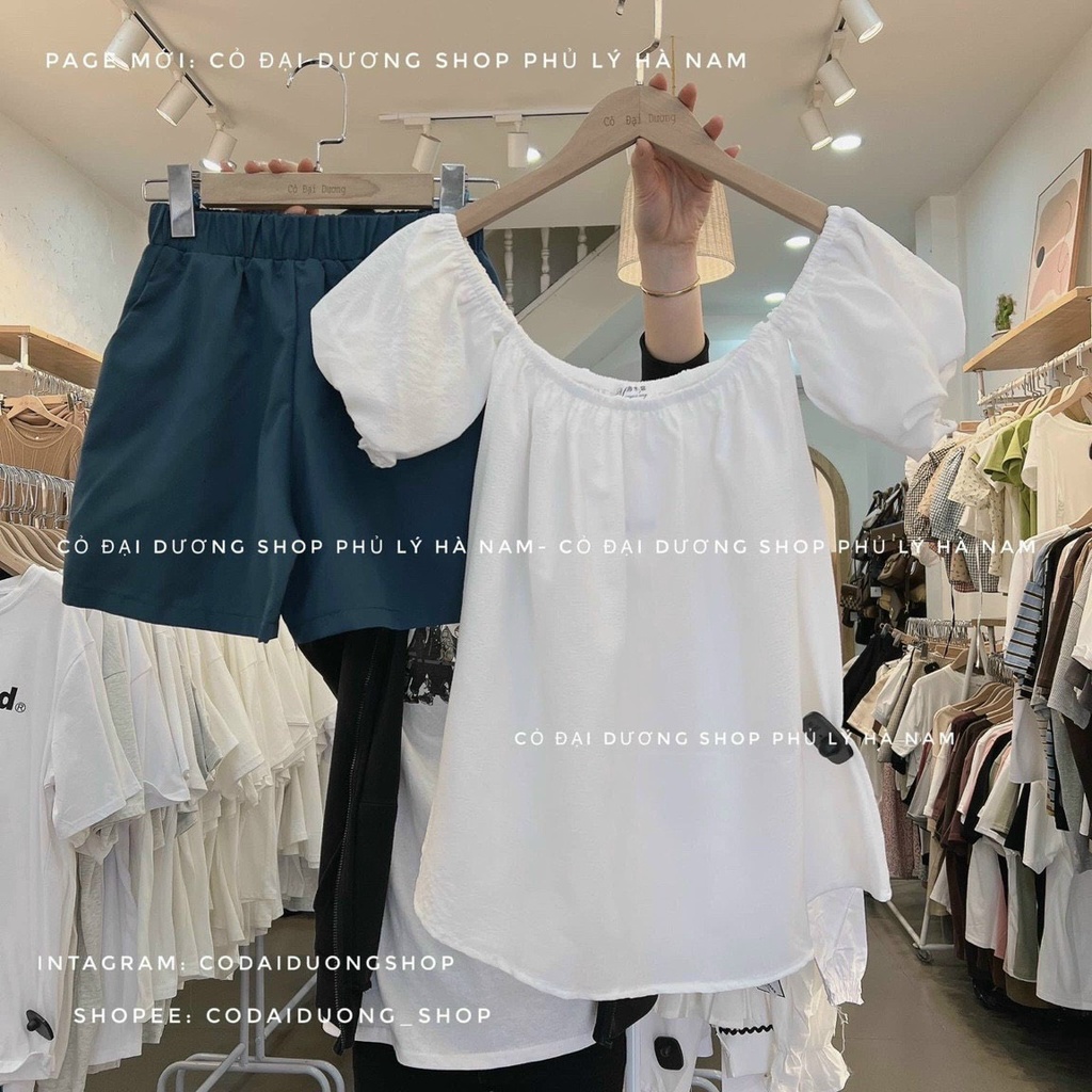 set áo kiểu trễ vai phồng tay mix chân váy rút dây 2 bên